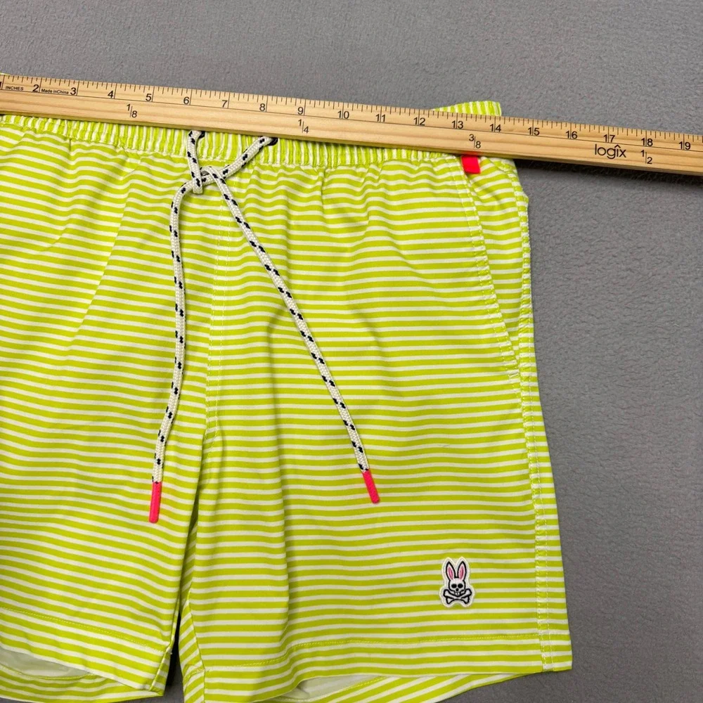 Psycho Bunny Swim Trunks Mens S Green Striped Polyester Mesh Lined Board Shorts